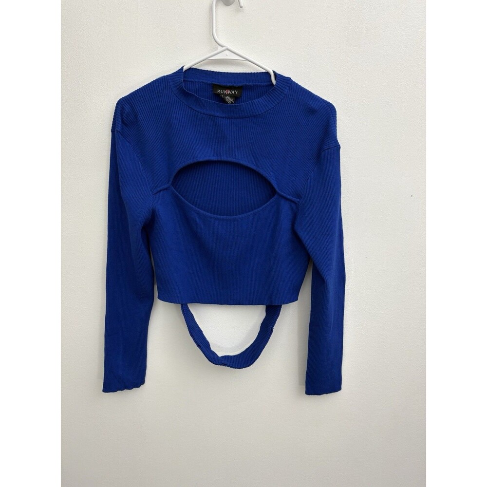 Runway women's crop top BlouseBlue Ribbed 2XL Long Sleeve Cut Out Viscose Blend